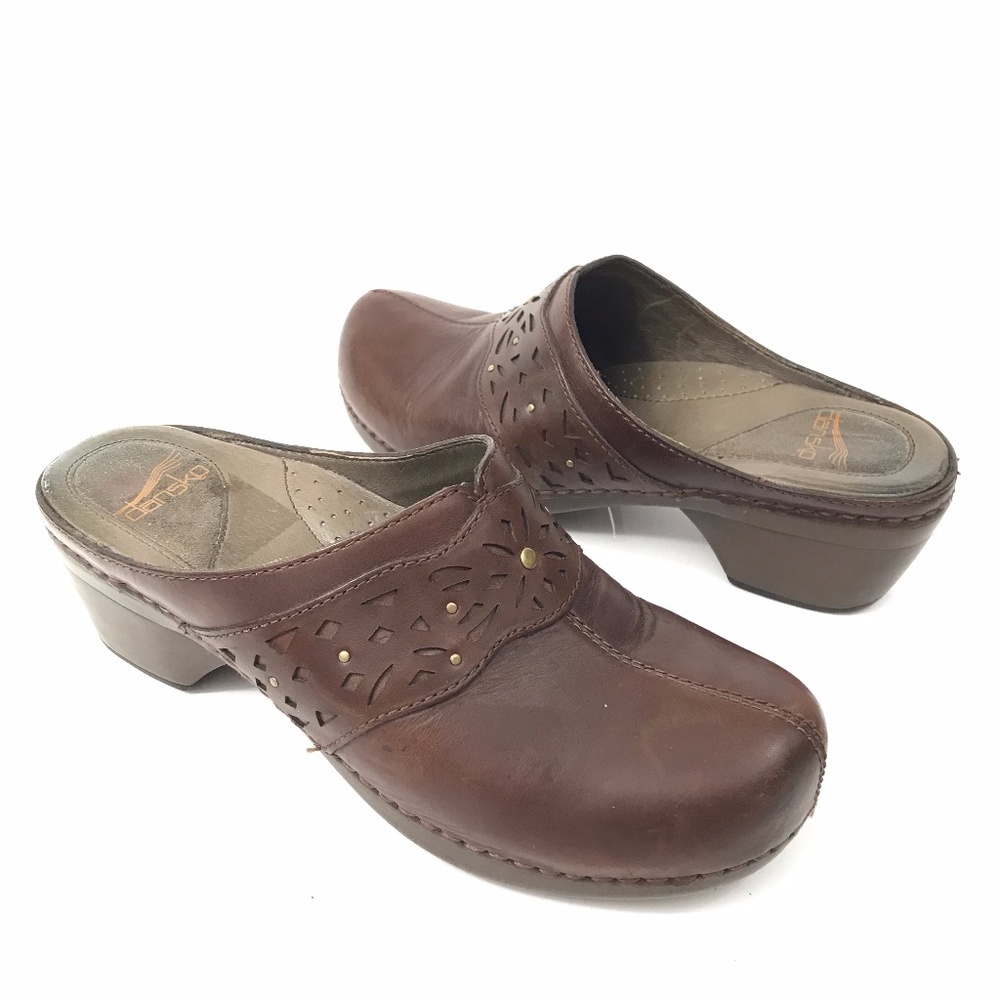 Dansko Floral Laser Cut Brown Leather Mule Clogs
